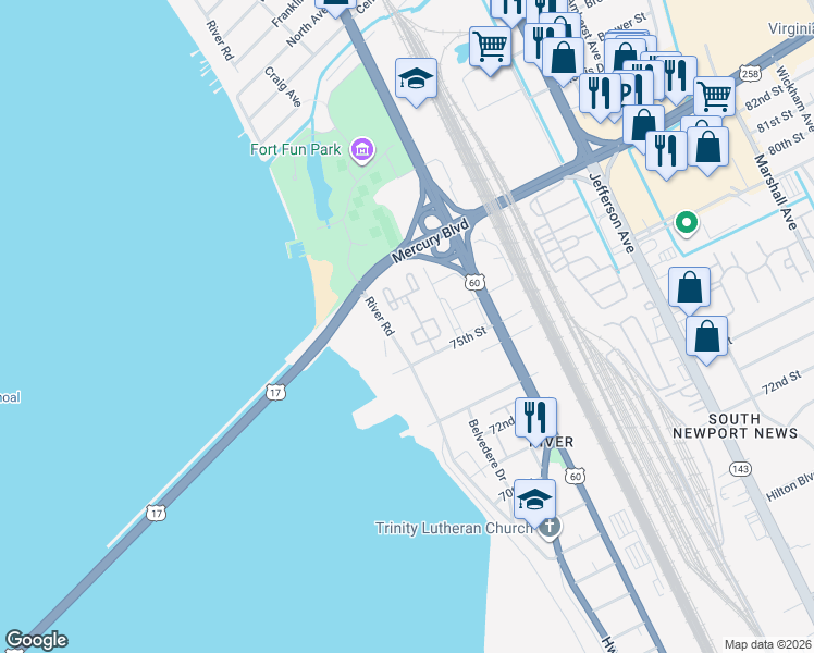 map of restaurants, bars, coffee shops, grocery stores, and more near 126 Towne Square Drive in Newport News