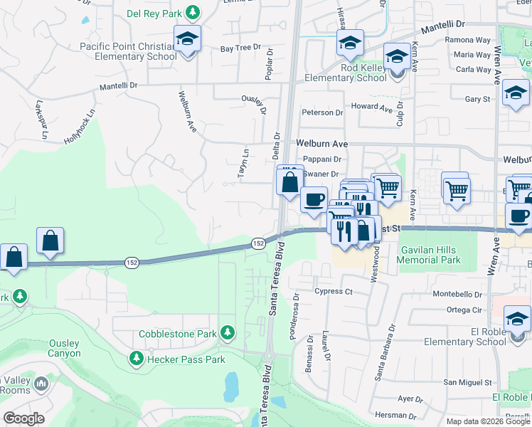 map of restaurants, bars, coffee shops, grocery stores, and more near 8120 Catalina Court in Gilroy
