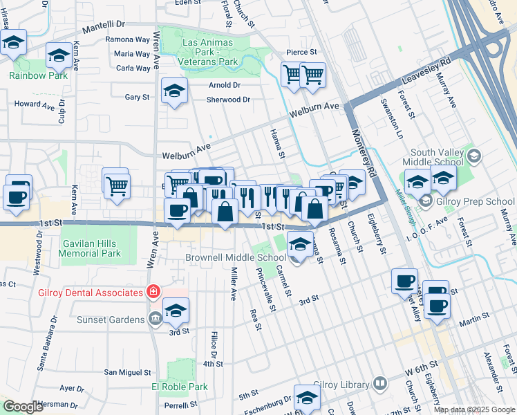 map of restaurants, bars, coffee shops, grocery stores, and more near 8026 Carmel Street in Gilroy