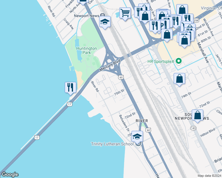 map of restaurants, bars, coffee shops, grocery stores, and more near 18 Towne Square Drive in Newport News