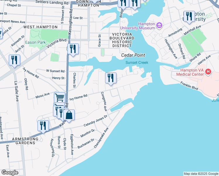 map of restaurants, bars, coffee shops, grocery stores, and more near 58 Ivy Home Road in Hampton