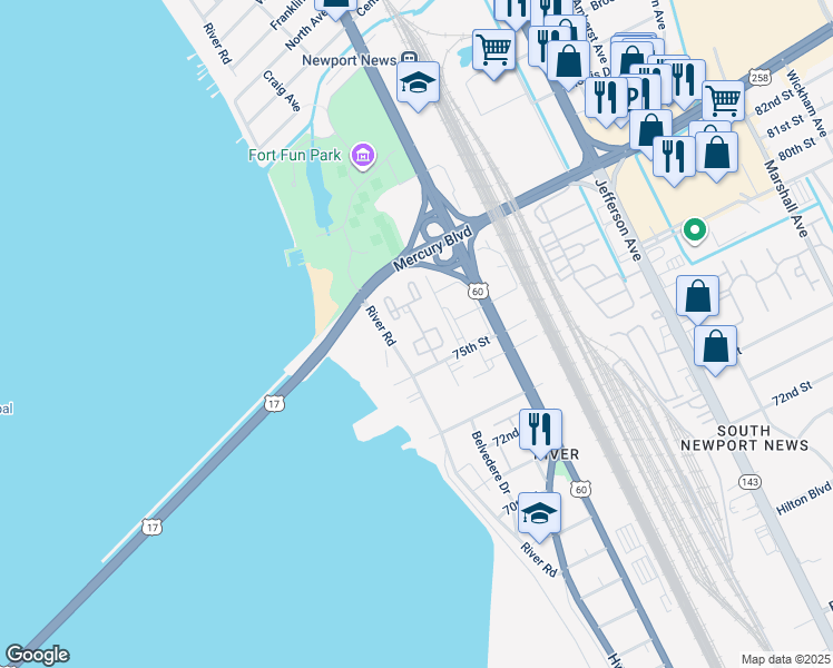 map of restaurants, bars, coffee shops, grocery stores, and more near 122 Towne Square Drive in Newport News