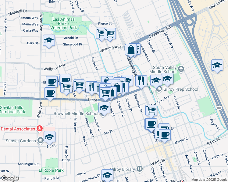map of restaurants, bars, coffee shops, grocery stores, and more near 311 1st Street in Gilroy