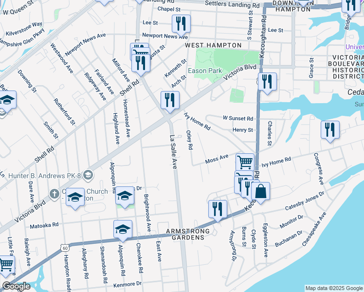 map of restaurants, bars, coffee shops, grocery stores, and more near 316 Otley Road in Hampton