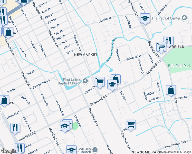 map of restaurants, bars, coffee shops, grocery stores, and more near 6378 Tivoli Place in Newport News