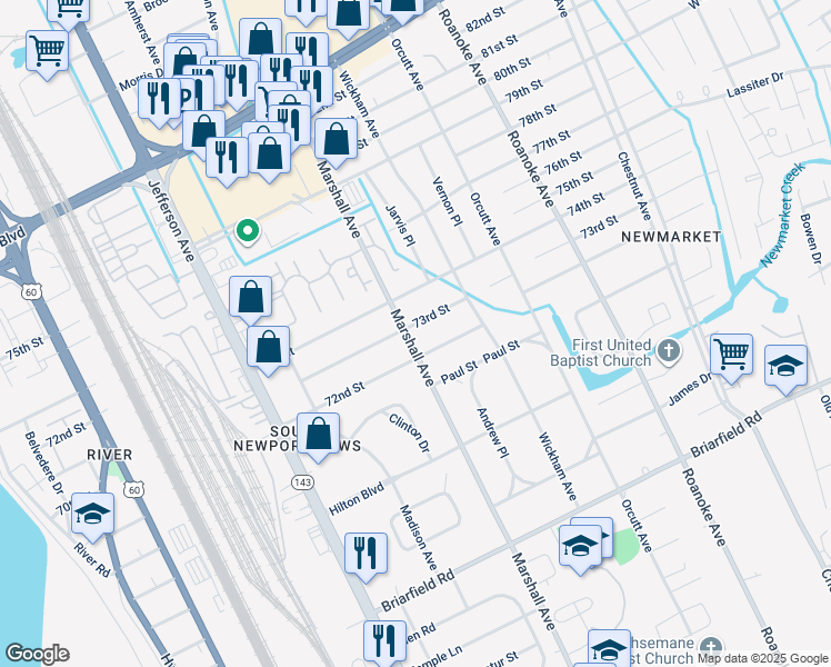 map of restaurants, bars, coffee shops, grocery stores, and more near 700 73rd Street in Newport News