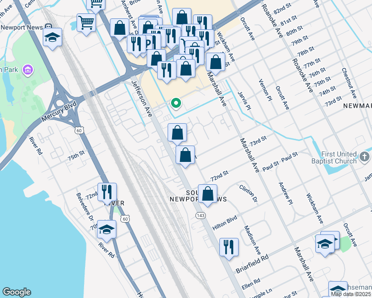 map of restaurants, bars, coffee shops, grocery stores, and more near 603 74th Street in Newport News