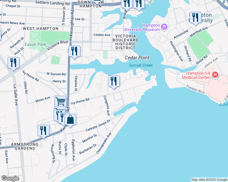 map of restaurants, bars, coffee shops, grocery stores, and more near 56 Ivy Home Road in Hampton