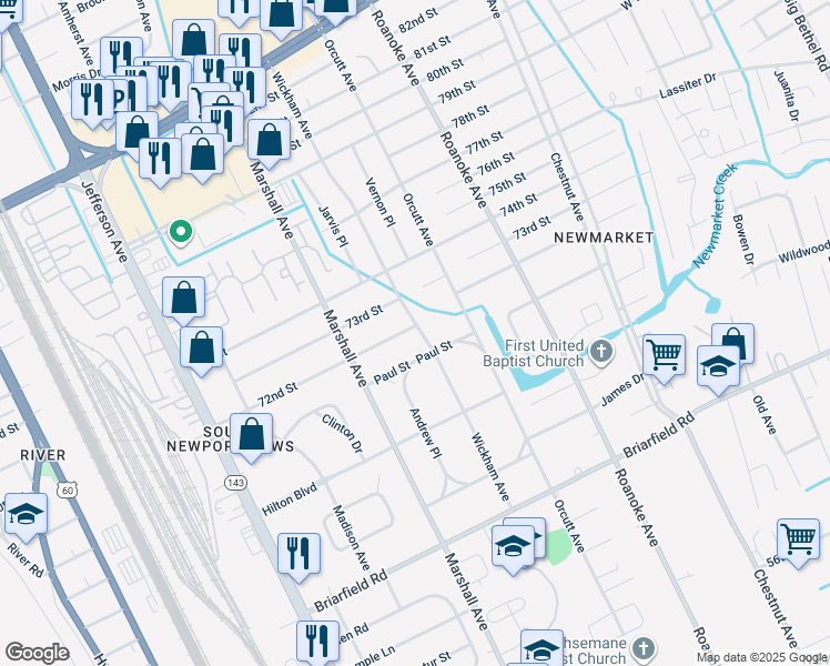 map of restaurants, bars, coffee shops, grocery stores, and more near 720 72nd Street in Newport News