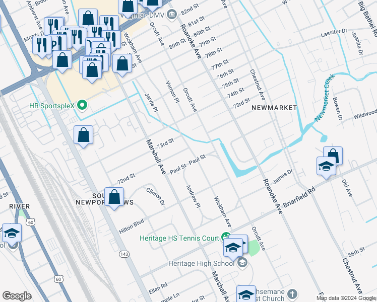 map of restaurants, bars, coffee shops, grocery stores, and more near 720 72nd Street in Newport News