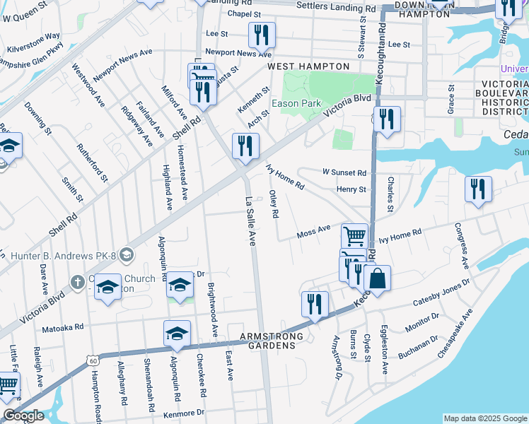 map of restaurants, bars, coffee shops, grocery stores, and more near 338 Lasalle Avenue in Hampton