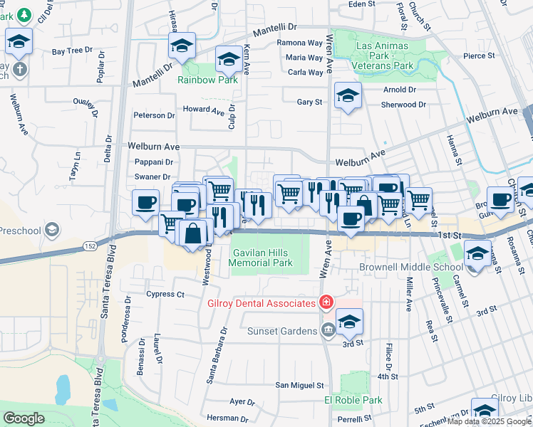 map of restaurants, bars, coffee shops, grocery stores, and more near 975 1st Street in Gilroy