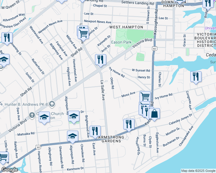 map of restaurants, bars, coffee shops, grocery stores, and more near 316 Otley Road in Hampton