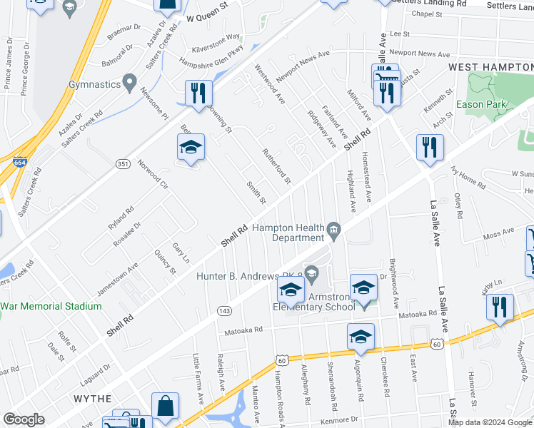 map of restaurants, bars, coffee shops, grocery stores, and more near 432 Hampton Roads Avenue in Hampton