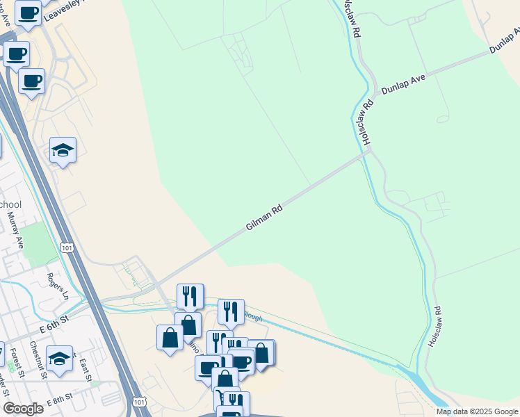 map of restaurants, bars, coffee shops, grocery stores, and more near 1501 Gilman Road in Gilroy