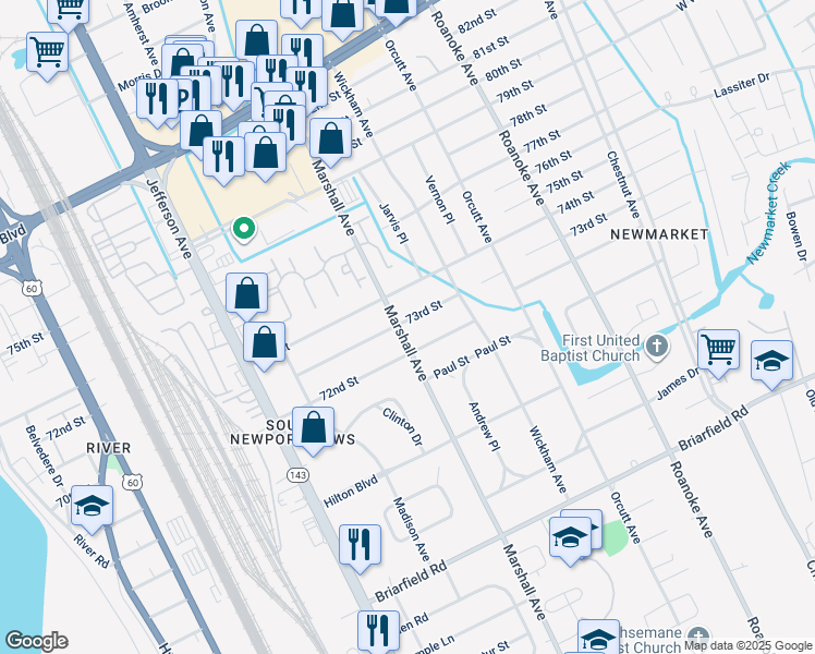 map of restaurants, bars, coffee shops, grocery stores, and more near 700 73rd Street in Newport News