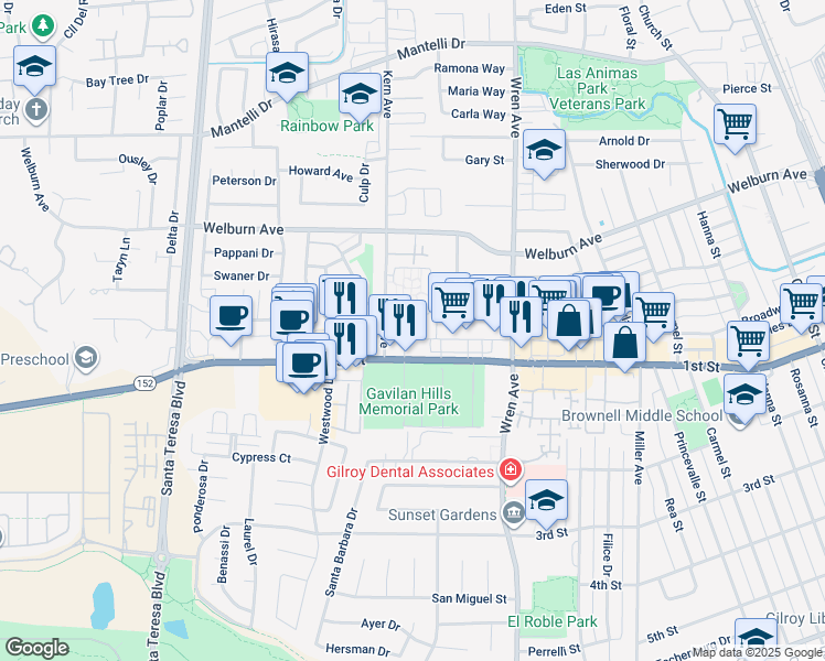 map of restaurants, bars, coffee shops, grocery stores, and more near 951 1st Street in Gilroy
