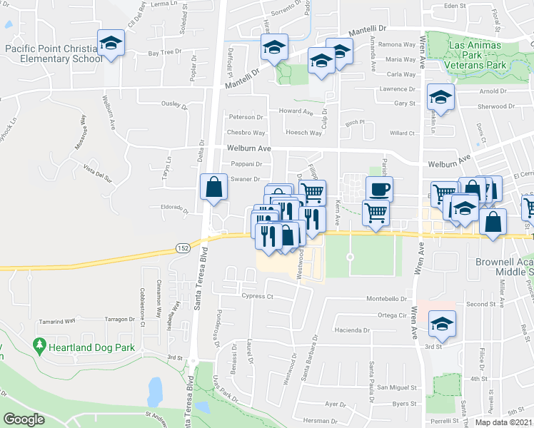 map of restaurants, bars, coffee shops, grocery stores, and more near 1375 1st Street in Gilroy