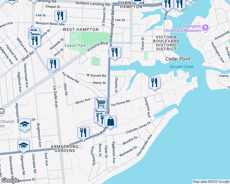 map of restaurants, bars, coffee shops, grocery stores, and more near 7 East Southampton Avenue in Hampton