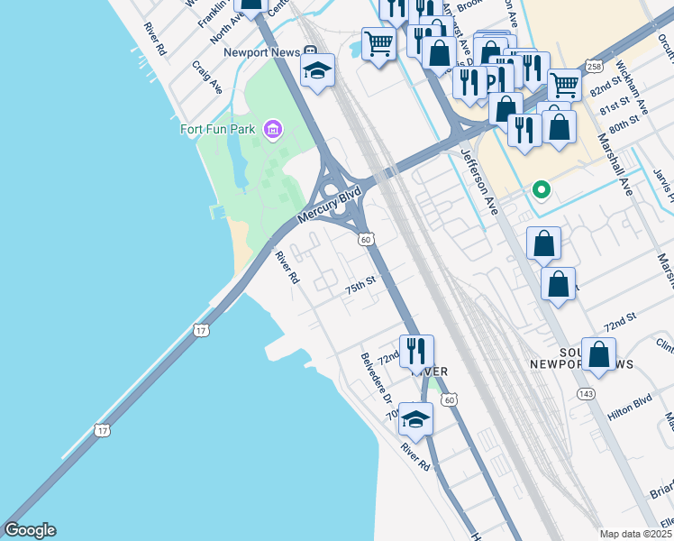 map of restaurants, bars, coffee shops, grocery stores, and more near in Newport News