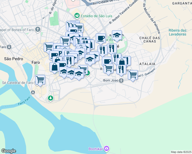 map of restaurants, bars, coffee shops, grocery stores, and more near 33 Rua Pintor Carlos Porfirio in Faro