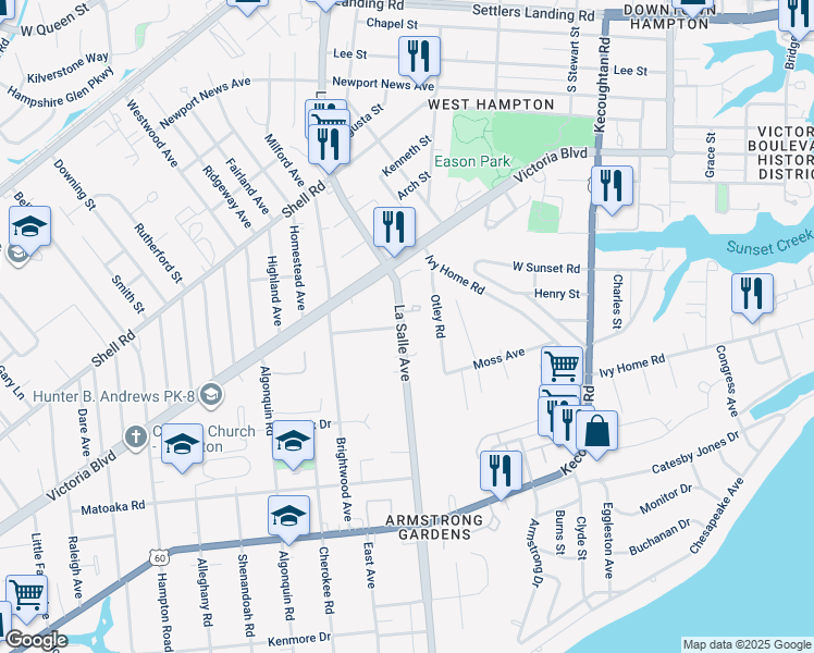 map of restaurants, bars, coffee shops, grocery stores, and more near 338 Lasalle Avenue in Hampton