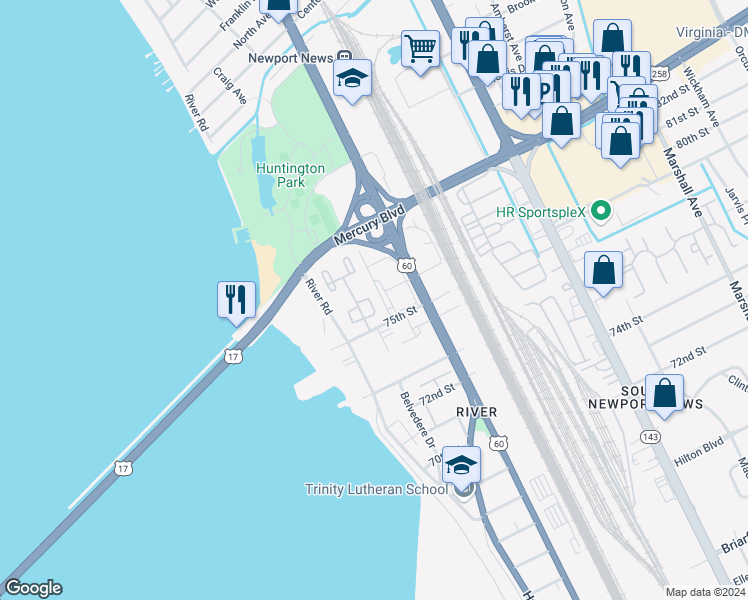 map of restaurants, bars, coffee shops, grocery stores, and more near 20 Towne Square Drive in Newport News