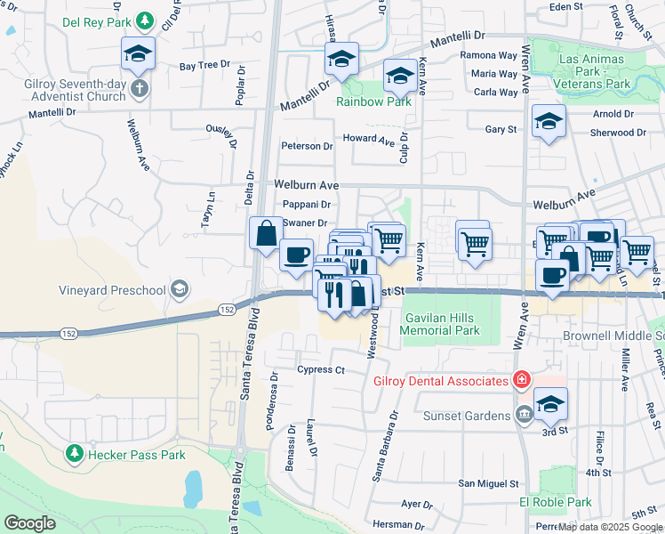 map of restaurants, bars, coffee shops, grocery stores, and more near 8162 Kelton Drive in Gilroy
