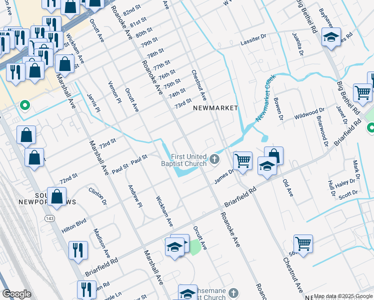 map of restaurants, bars, coffee shops, grocery stores, and more near 7001 Roanoke Avenue in Newport News