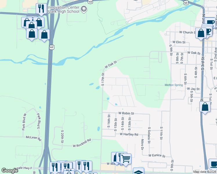 map of restaurants, bars, coffee shops, grocery stores, and more near 1526 West Jay Street in Ozark