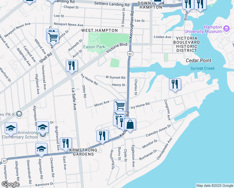 map of restaurants, bars, coffee shops, grocery stores, and more near 20 West Southampton Avenue in Hampton