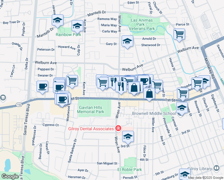 map of restaurants, bars, coffee shops, grocery stores, and more near 8080 Wren Avenue in Gilroy