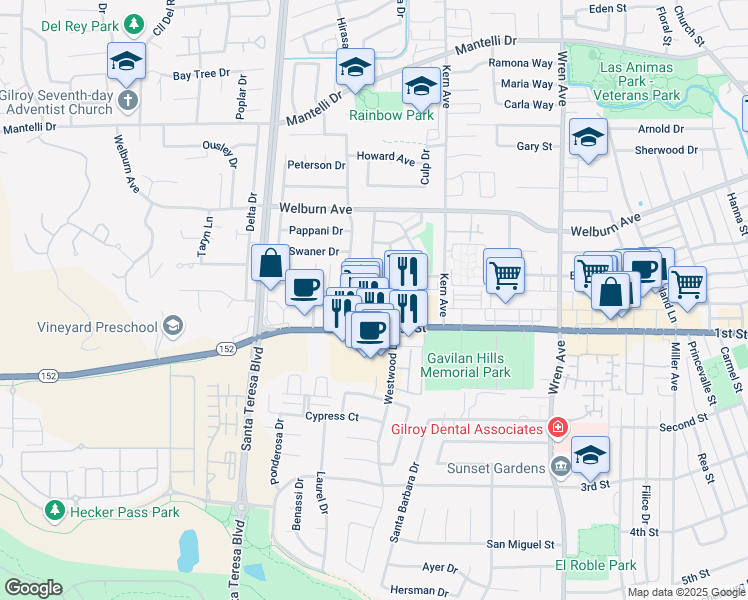 map of restaurants, bars, coffee shops, grocery stores, and more near 8155 Westwood Drive in Gilroy