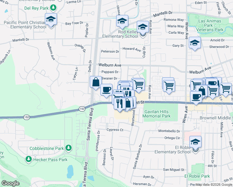 map of restaurants, bars, coffee shops, grocery stores, and more near 8158 Kelton Drive in Gilroy