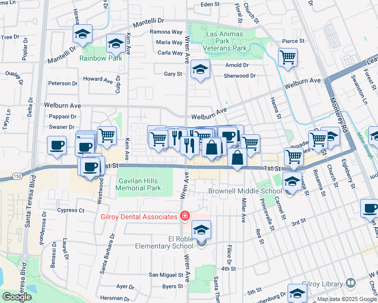 map of restaurants, bars, coffee shops, grocery stores, and more near 8080 Wren Avenue in Gilroy