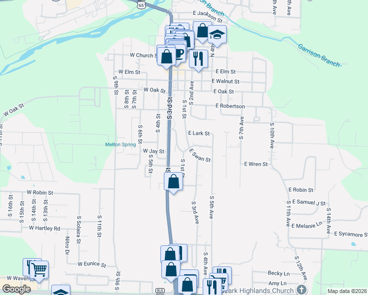 map of restaurants, bars, coffee shops, grocery stores, and more near 903 South 1st Street in Ozark