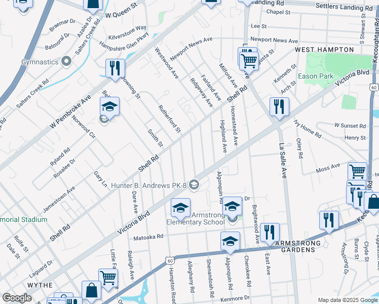 map of restaurants, bars, coffee shops, grocery stores, and more near 421 Shenandoah Road in Hampton