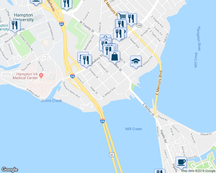 map of restaurants, bars, coffee shops, grocery stores, and more near 302 South Willard Avenue in Hampton