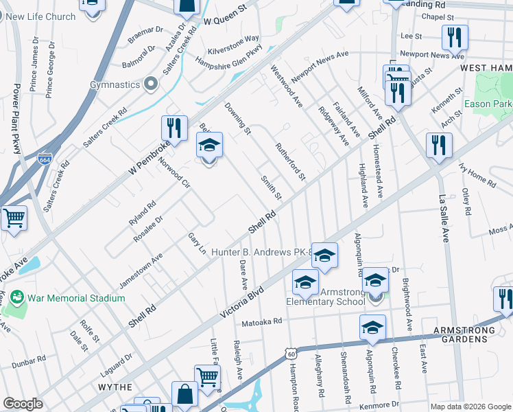 map of restaurants, bars, coffee shops, grocery stores, and more near 2707 Shell Road in Hampton