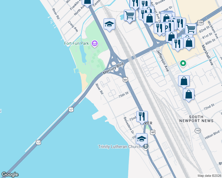 map of restaurants, bars, coffee shops, grocery stores, and more near 131 Towne Square Drive in Newport News