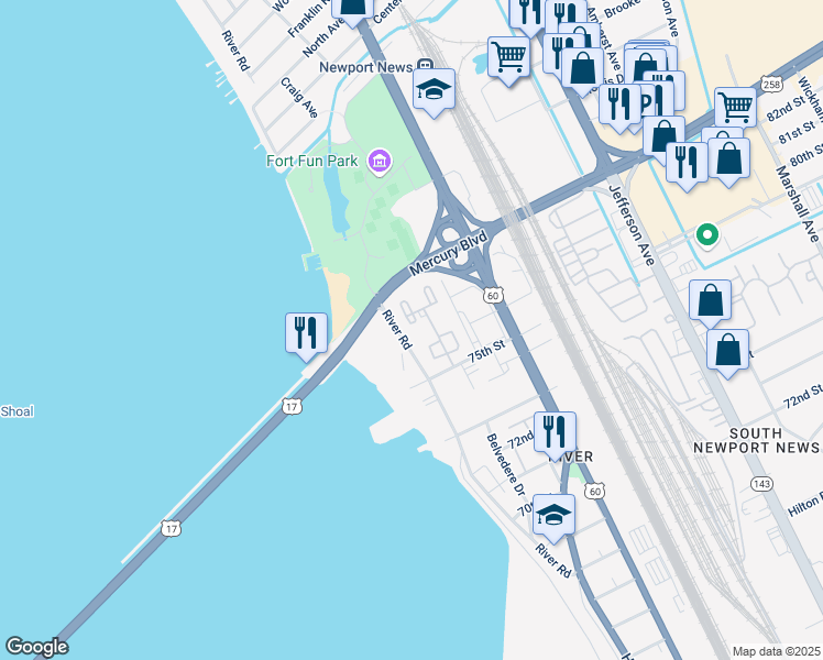 map of restaurants, bars, coffee shops, grocery stores, and more near 131 Towne Square Drive in Newport News