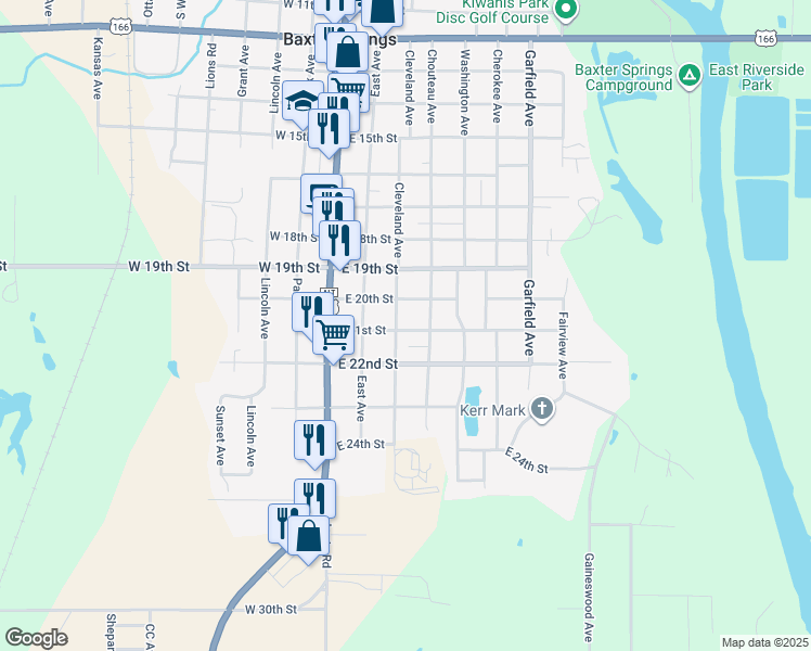 map of restaurants, bars, coffee shops, grocery stores, and more near 2101-2199 Chouteau Ave in Baxter Springs