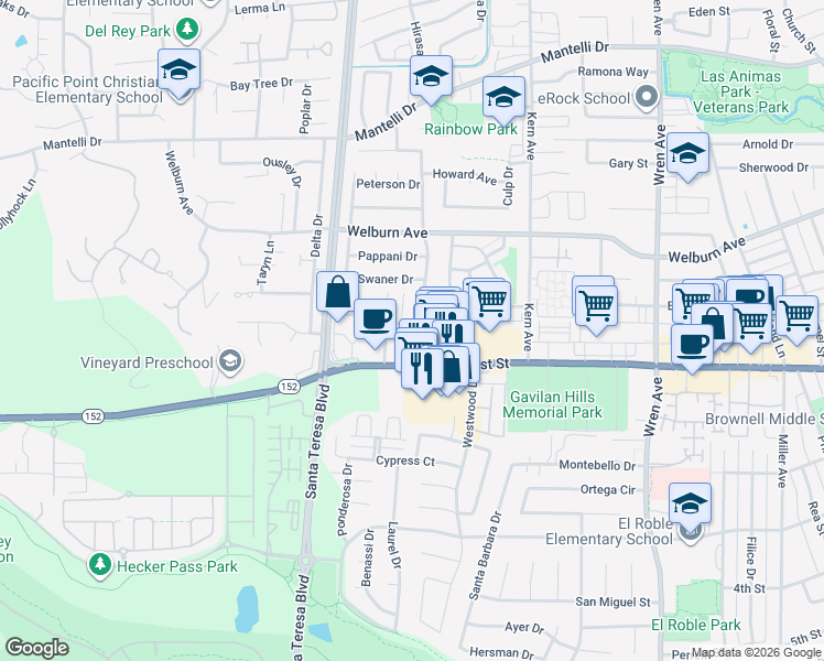 map of restaurants, bars, coffee shops, grocery stores, and more near 8158 Kelton Drive in Gilroy