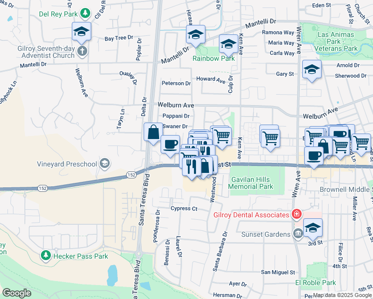 map of restaurants, bars, coffee shops, grocery stores, and more near 8158 Kelton Drive in Gilroy