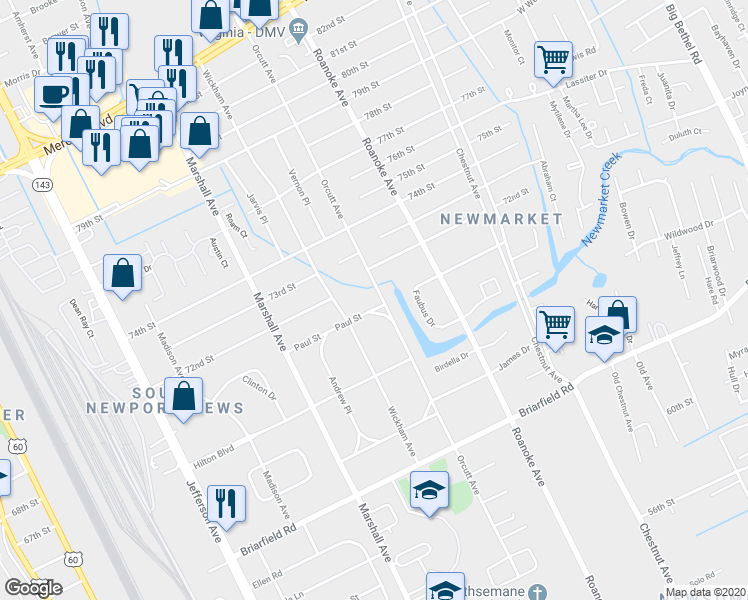 map of restaurants, bars, coffee shops, grocery stores, and more near 809 Paul Street in Newport News