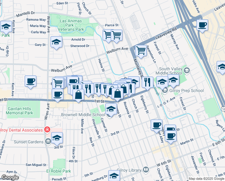 map of restaurants, bars, coffee shops, grocery stores, and more near 7980 Hanna Street in Gilroy