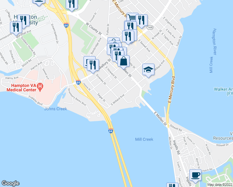 map of restaurants, bars, coffee shops, grocery stores, and more near 219 Downes Street in Hampton