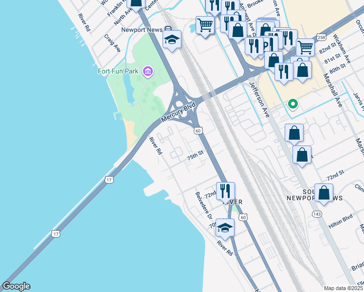map of restaurants, bars, coffee shops, grocery stores, and more near 22 Towne Square Drive in Newport News