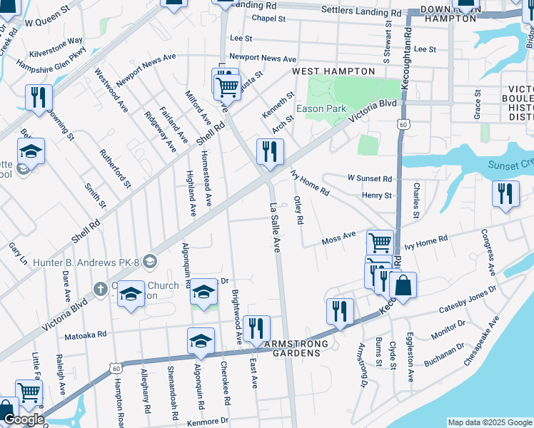 map of restaurants, bars, coffee shops, grocery stores, and more near 341 La Salle Avenue in Hampton