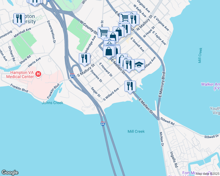 map of restaurants, bars, coffee shops, grocery stores, and more near 302 South Willard Avenue in Hampton